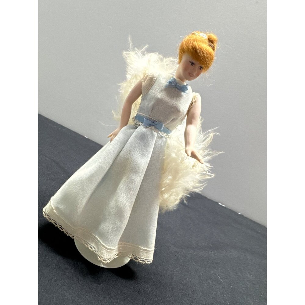 Vintage Porcelain Angel Doll With White Feather Wings & Lace Dress